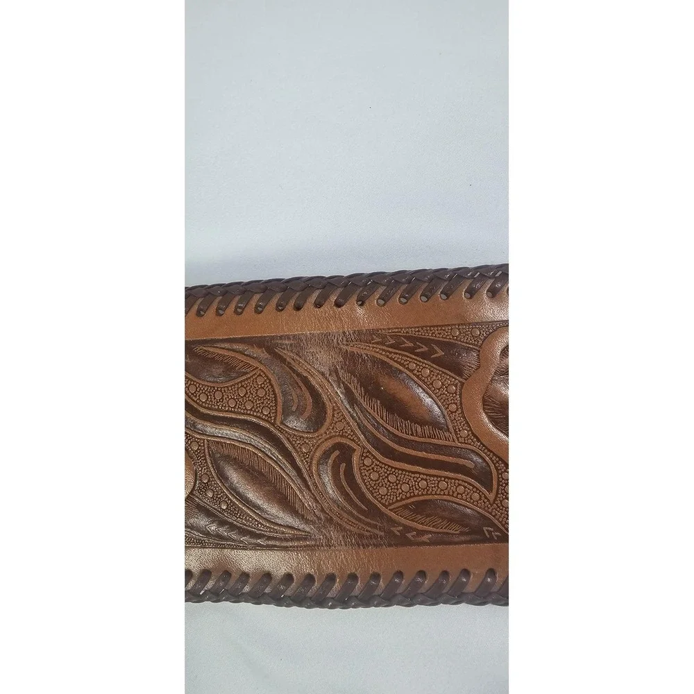 Vintage‎ Genuine Leather Tooled Wallet Western Long Bifold Coin Pocket Brown